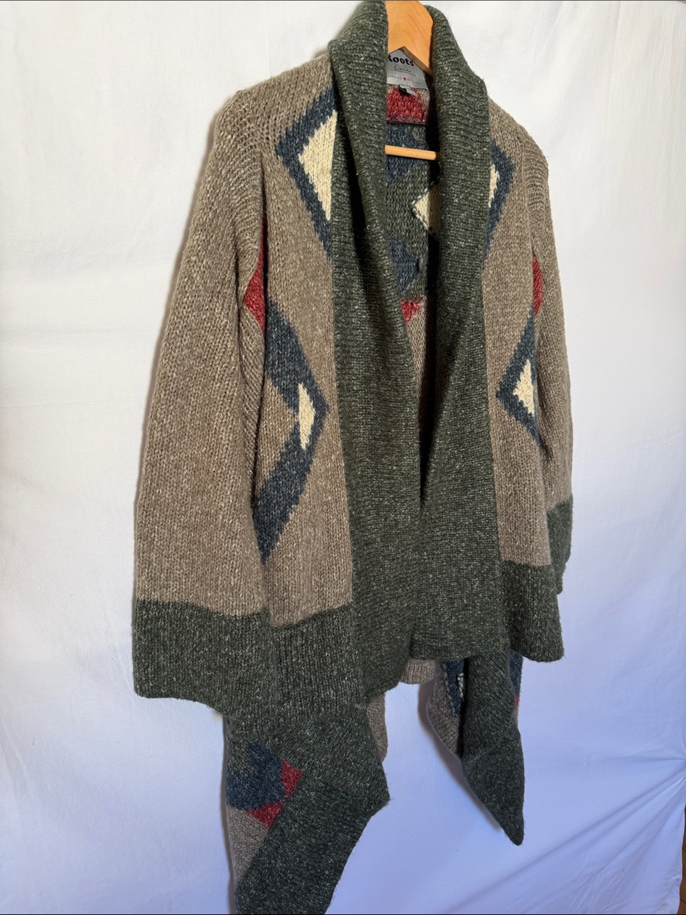 Roots: Shawl Collar Geometric Knit Sweater - symmetric hem Olive/Taupe